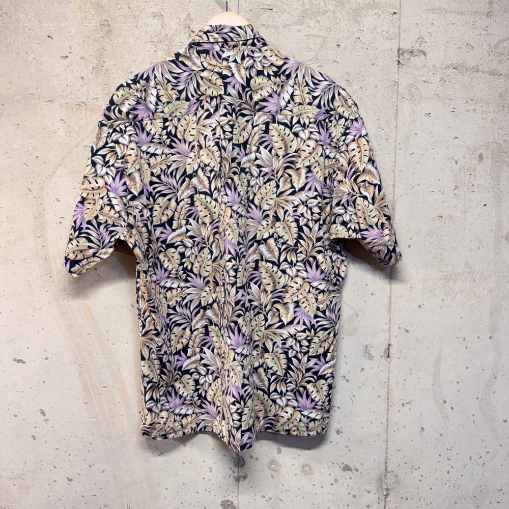 Campia Moda Shirt Mens Large Black Purple Tropical Leaf Print Cotton Hawaiian 90 - Picture 2 of 8